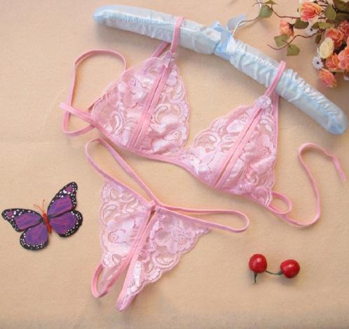 Women's Lingerie Women's Bow Decoration Transparent Floral Lace Lingerie Set Elegant Strap Bra and Crotchless Thong Lingerie