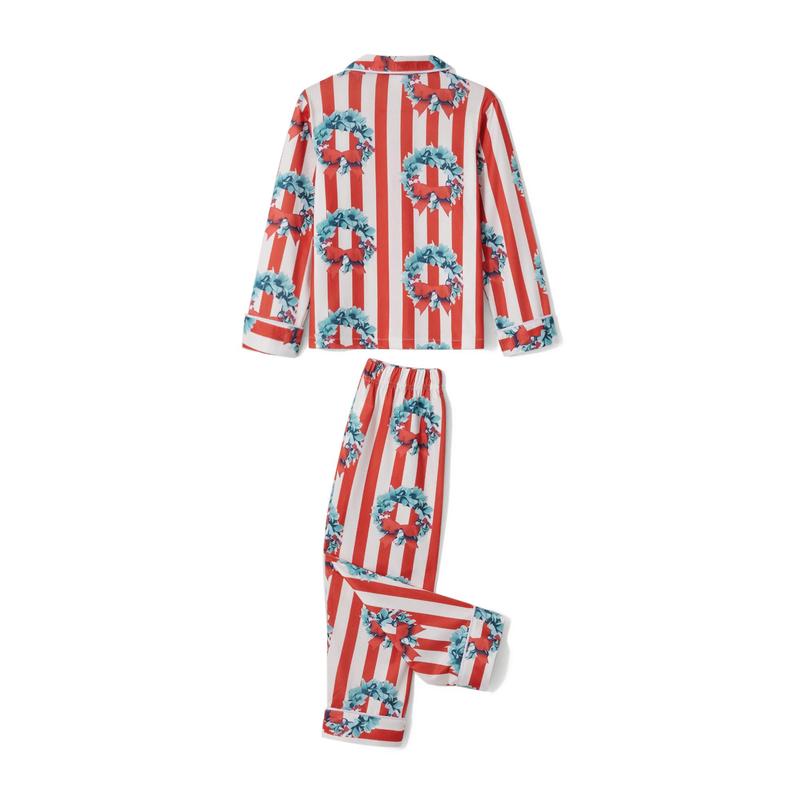 Red Matching Christmas Pajamas For Family, Striped Bow Wreath Print Long Sleeve Button Down Tops Elastic Waist Pants