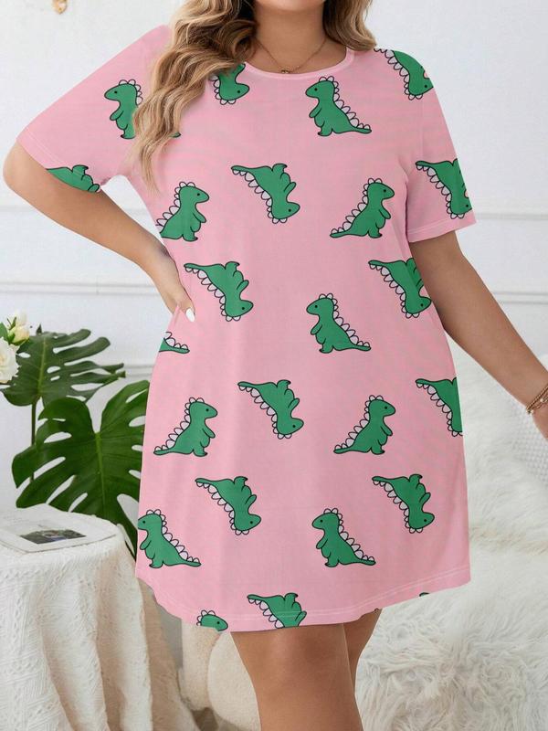 Plus Size Cartoon Dinosaur Print Round Neck Nightdress, Plus Casual Soft Comfortable Short Sleeve Nightgown for Women, Women's Plus Sleepwear for All Seasons