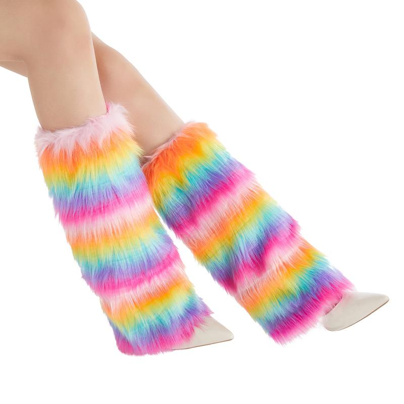 Women's Faux Fur Leg Warmers Rainbow Fuzzy Boot Covers Cuff Colorful Leg Warmers 2024 Fashion Halloween Costume Accessory