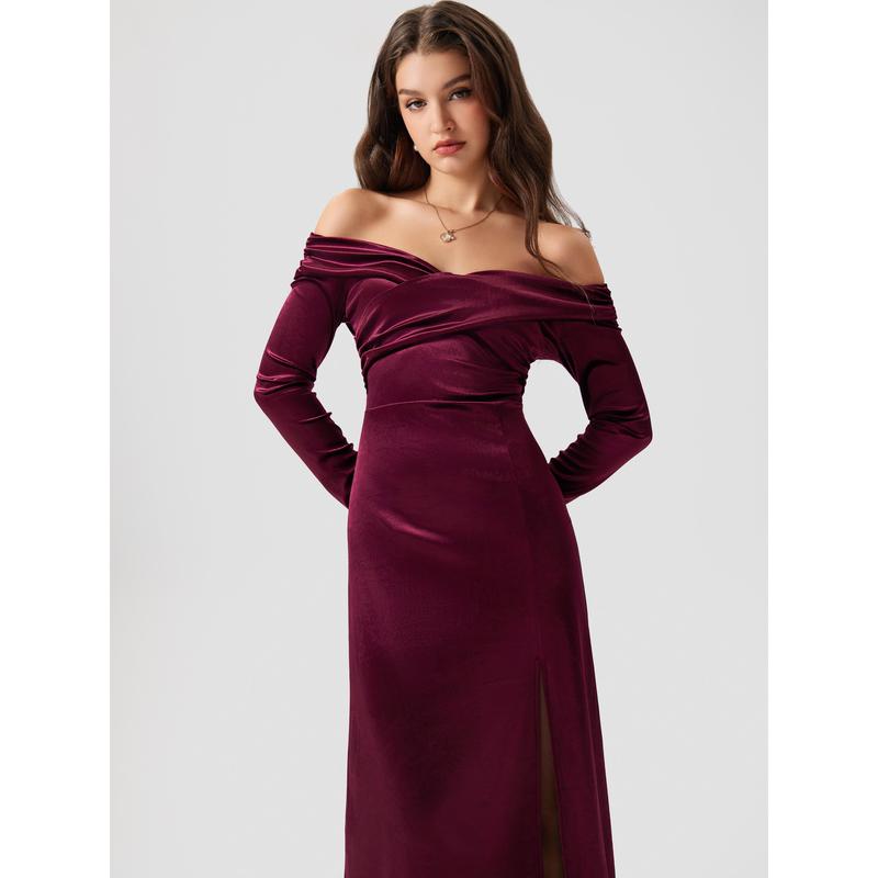 Cider [2 colors, Size 0-10] Velvet Off-shoulder Solid Split Maxi Dress