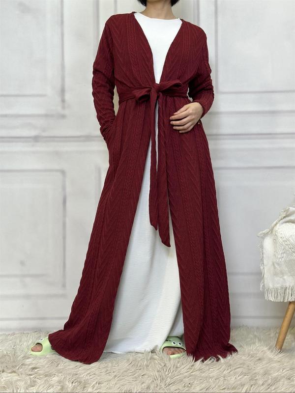 Women's Solid Textured Belted Lounge Robe, Casual Long Sleeve Pocket Dressing Gown, Ladies Fall & Winter Sleepwear Longsleeves