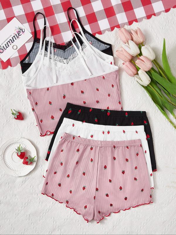 6 Piece Set Womenswear Strawberry Print Lettuce Trim Pyjama Set, Casual Comfy Contrast Lace Cami Top & Bow Decor Shorts Homewear for Women, Pajama Sets Women, Ladies Sleepwear for All Seasons Back To School