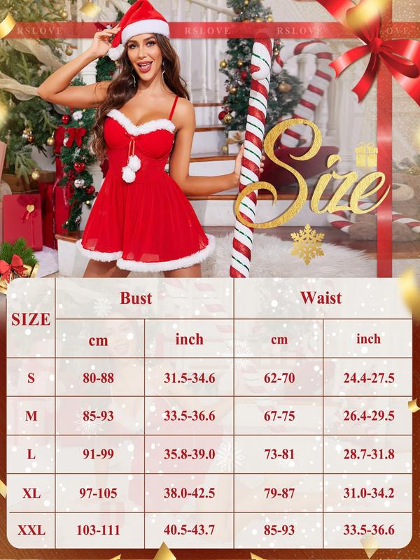 RSLOVE Christmas Lingerie for Women-Santa Velvet Strap Strappy Dress Babydoll Chemise Mrs Claus Costumes with Choker Belt Womenswear Underwear Lady