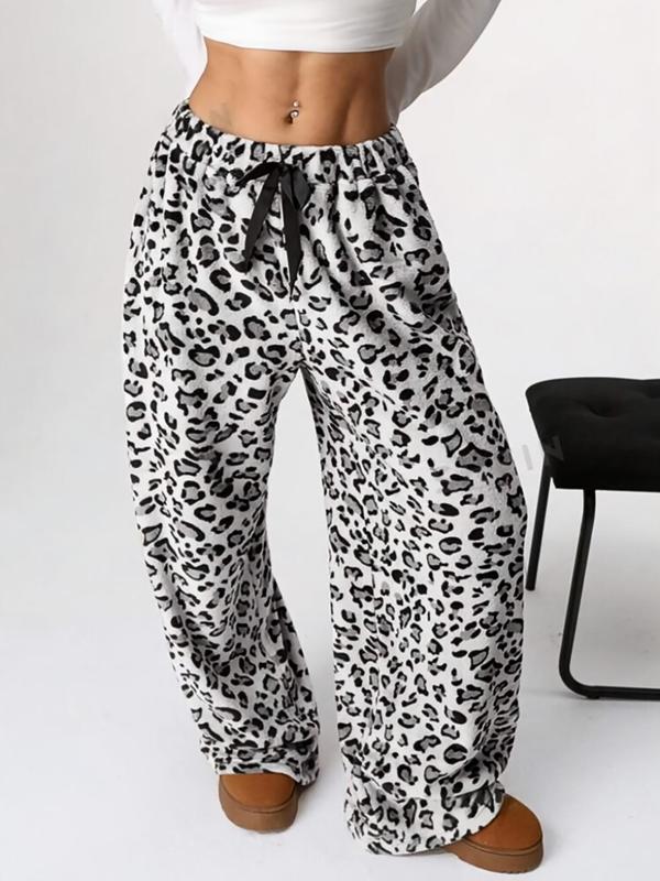 Women's Leopard Print Bow Decor Elastic Waist Wide Leg Pants, Casual Comfy Plush Trousers for Daily Wear, Ladies Bottoms for Fall & Winter