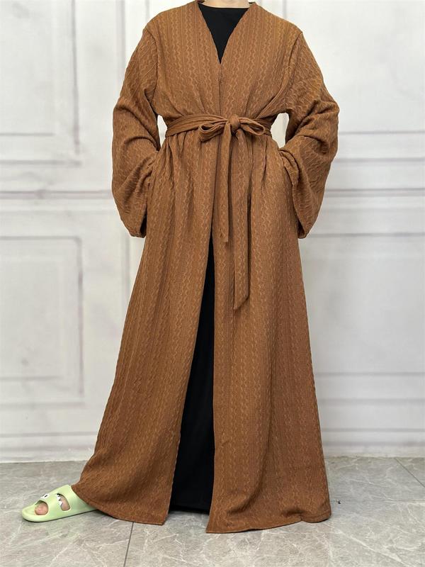 Women's Solid Textured Belted Lounge Robe, Casual Long Sleeve Open Front Robe, Women's Sleepwear for Fall & Winter, Minimalist Robe for Women