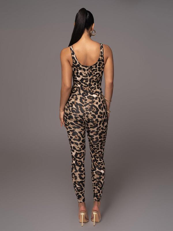 Women's Leopard Print Backless Scoop Neck Skinny Jumpsuit, Casual Fashion Sleeveless Jumpsuit for Daily Wear, Ladies Clothes for Summer