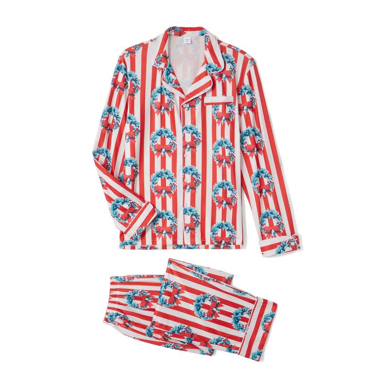 Red Matching Christmas Pajamas For Family, Striped Bow Wreath Print Long Sleeve Button Down Tops Elastic Waist Pants