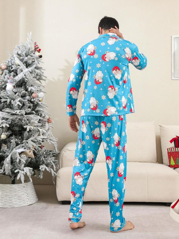 Couple's Christmas Print Button Front Pocket Pajama Two-piece Set, Casual Comfy Long Sleeve Top & Elastic Waist Pants Pj Set, Couple's Sleepwear for Spring & Fall