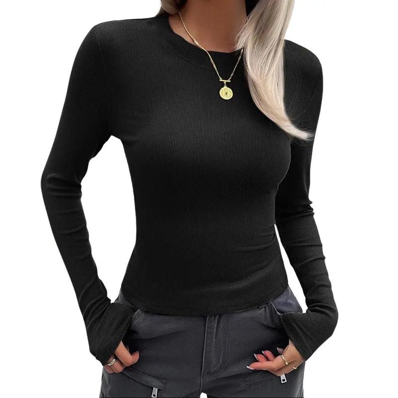 2 Pack Long Sleeve Shirts for Women Crew Neck Thermal Shirts Ribbed Knit Slim Fit T Shirt Basic Tee Tops