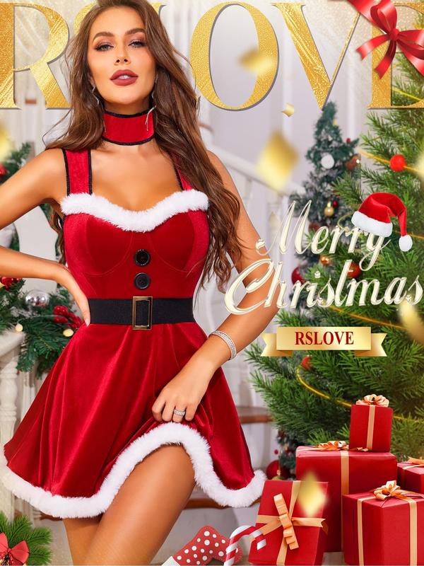 RSLOVE Christmas Lingerie for Women-Santa Velvet Strap Strappy Dress Babydoll Chemise Mrs Claus Costumes with Choker Belt Womenswear Underwear Lady