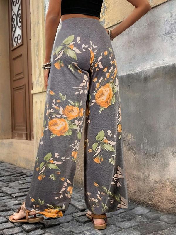  Floral Print High Waist Wide Leg Pants, Casual Comfy Trousers for Women, Women's Bottoms for Fall & Winter