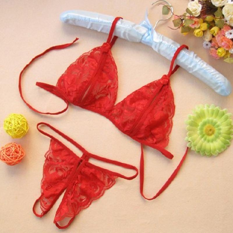 Women's Lingerie Women's Bow Decoration Transparent Floral Lace Lingerie Set Elegant Strap Bra and Crotchless Thong Lingerie