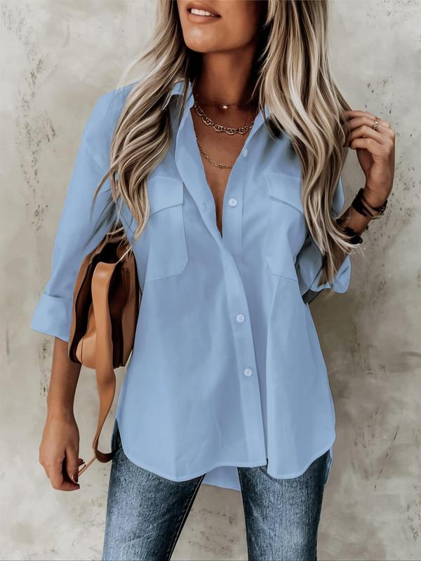  Minimalist Plain Pocket Button Front High Low Hem Long Sleeve Collared Shirt, Casual Basic Comfort Drop Shoulder Roll Up Sleeve Blouse Top for Lady  Summer, Women's Clothes for Daily Womenswear