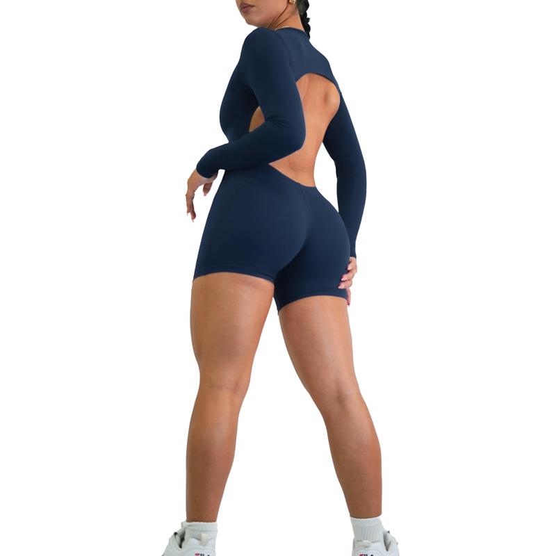 Backless Long Sleeve Short Romper (Elegant Navy)