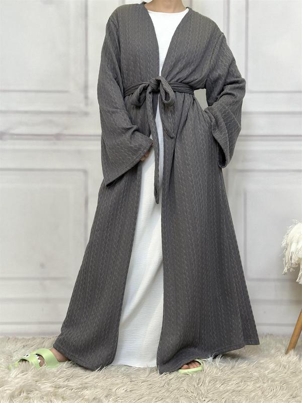 Women's Solid Textured Belted Lounge Robe, Casual Long Sleeve Open Front Robe, Women's Sleepwear for Fall & Winter, Minimalist Robe for Women