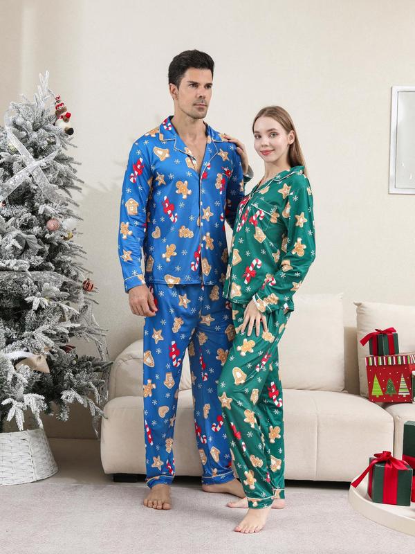 Couple's Christmas Print Button Front Pocket Pajama Two-piece Set, Casual Comfy Long Sleeve Top & Elastic Waist Pants Pj Set, Couple's Sleepwear for Spring & Fall