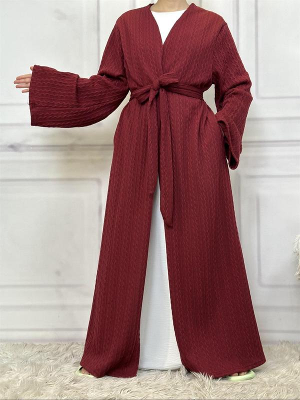 Women's Solid Textured Belted Lounge Robe, Casual Long Sleeve Open Front Robe, Women's Sleepwear for Fall & Winter, Minimalist Robe for Women