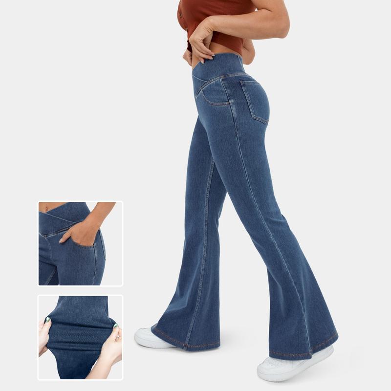 Halara Flex High Waisted Crossover Pocket Washed Stretchy Knit Casual Flare Jeans