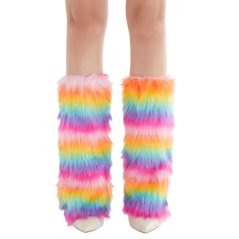 Women's Faux Fur Leg Warmers Rainbow Fuzzy Boot Covers Cuff Colorful Leg Warmers 2024 Fashion Halloween Costume Accessory