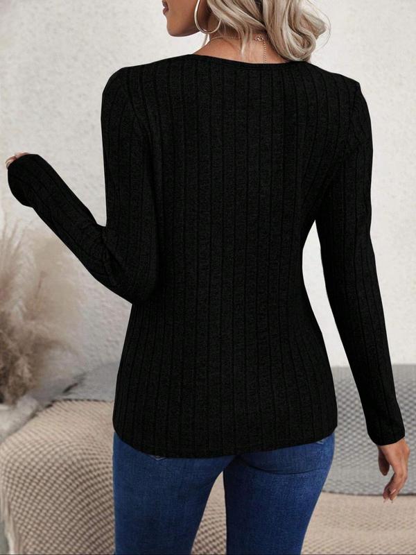 Women's Plain Asymmetrical Hem Button Detail Ribbed Tee, Casual Long Sleeve Round Neck T-shirt for Spring & Fall, Women's Top for Daily Wear