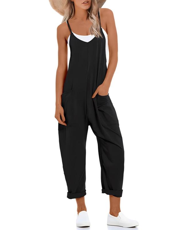  Solid Pocket Adjustable Strap Overalls, Casual Sleeveless Jumpsuit for Summer, Women's Plus Clothing for Daily Wear