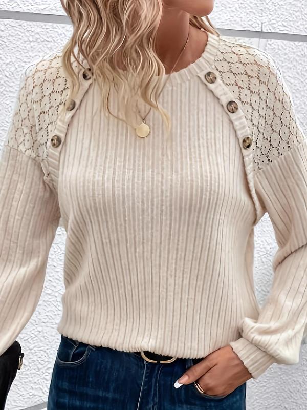 Women's Contrast Floral Lace Button Decor Ribbed Tee, Casual Drop Shoulder Long Sleeve Round Neck T-shirt  for Spring & Fall, Fashion Women's Knitwear for Daily Wear