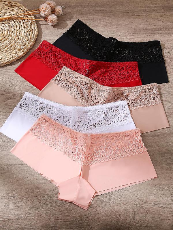 Women's 5pcs Contrast Lace Hollow Out Knicker, Soft Comfy Breathable Drop Waist Panty, Ladies Underwear for All Seasons