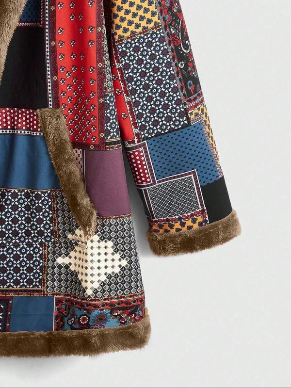  Patchwork Print Pocket Long Sleeve Thermal Lined Hooded Coat, Boho Fashion Open Front Hooded Outerwear for Fall & Winter, Women's Clothes for Daily Wear