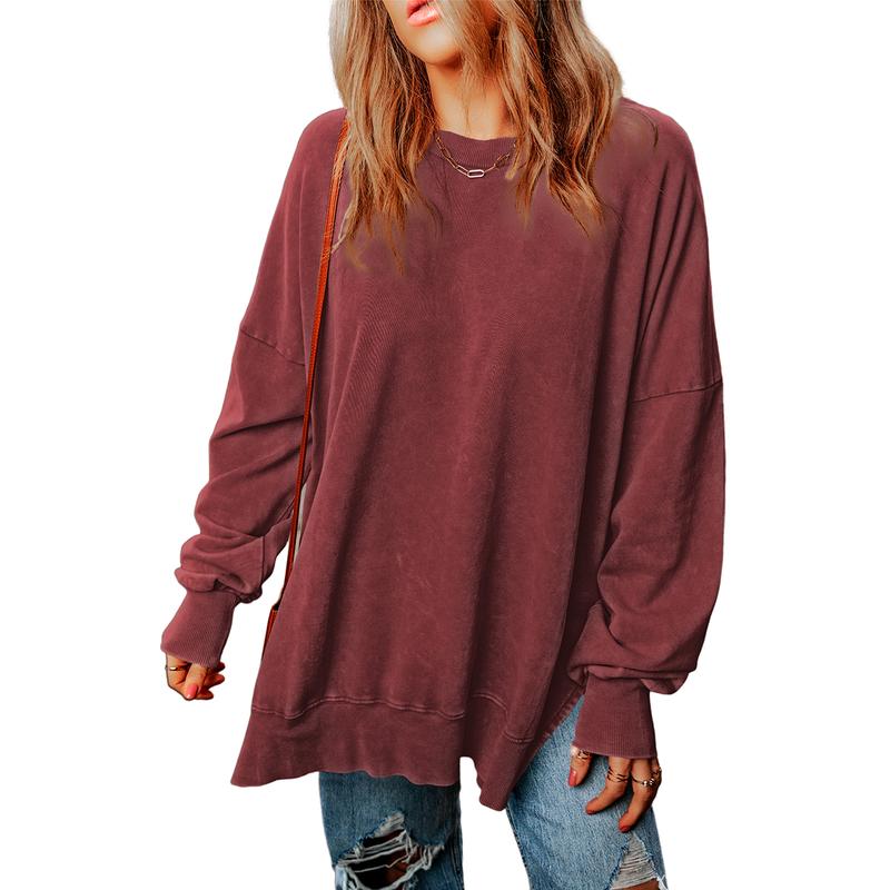 SHEWIN Women's Oversized Acid Wash Casual Long Sleeve Crewneck Lightweight Pullover Tops Loose Sweatshirts Comfort Womenswear