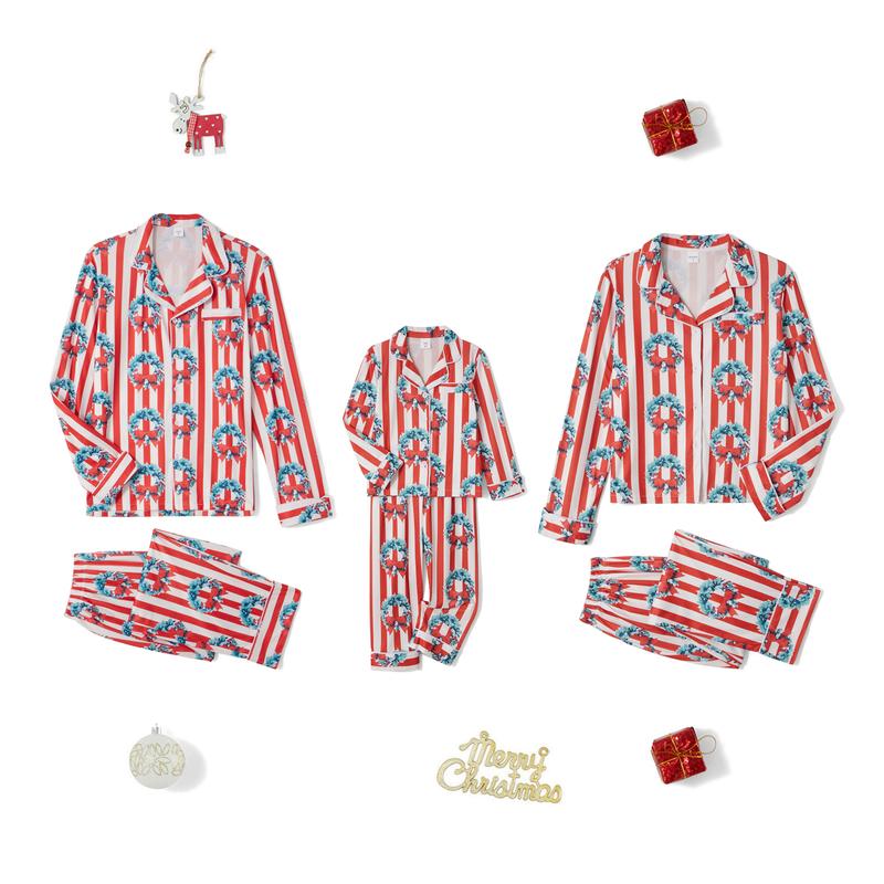 Red Matching Christmas Pajamas For Family, Striped Bow Wreath Print Long Sleeve Button Down Tops Elastic Waist Pants