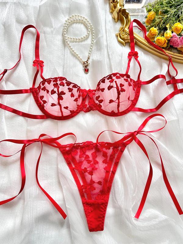 Women's Heart Embroidery Sheer Tulle Sexy Lingerie Two-Piece Set, Adjustable Strap Push Up Bra & Tie Side Thong Set, Lingerie Set for Women