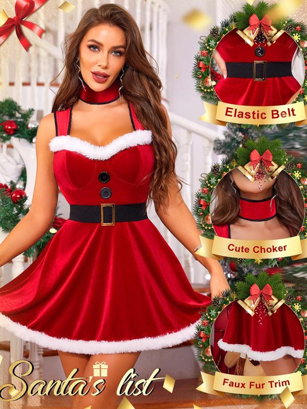 RSLOVE Christmas Lingerie for Women-Santa Velvet Strap Strappy Dress Babydoll Chemise Mrs Claus Costumes with Choker Belt Womenswear Underwear Lady