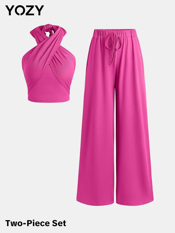 Black Friday Deals YOZY DIY Strappy Crop Top & Elastic Waist Pants Set  Elegant Solid Backless Top & Ribbed Wide Leg Pants Set, 2024 Women's Outdoor Holiday Wear for Christmas 2024 Trend,Thanksgiving Outfits,Fall Outfits,Winter Outfits