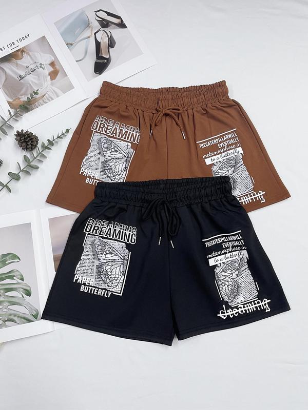 Women's Letter Print Drawstring Waist Shorts, Casual Comfy Shorts for Summer, Fashion Women's Bottoms for Daily Wear