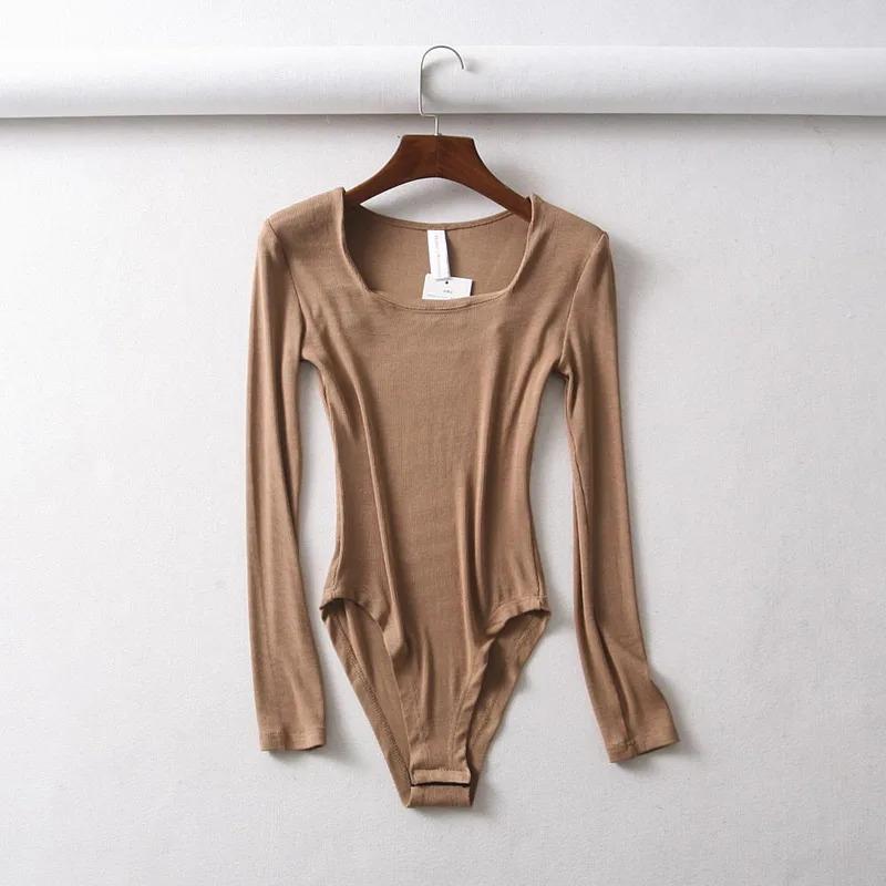 BRADELY MICHELLE Sexy Women Autumn Slim Long Sleeve Square Neck Knitted Tops Bodycon Bodysuits with Hidden Button