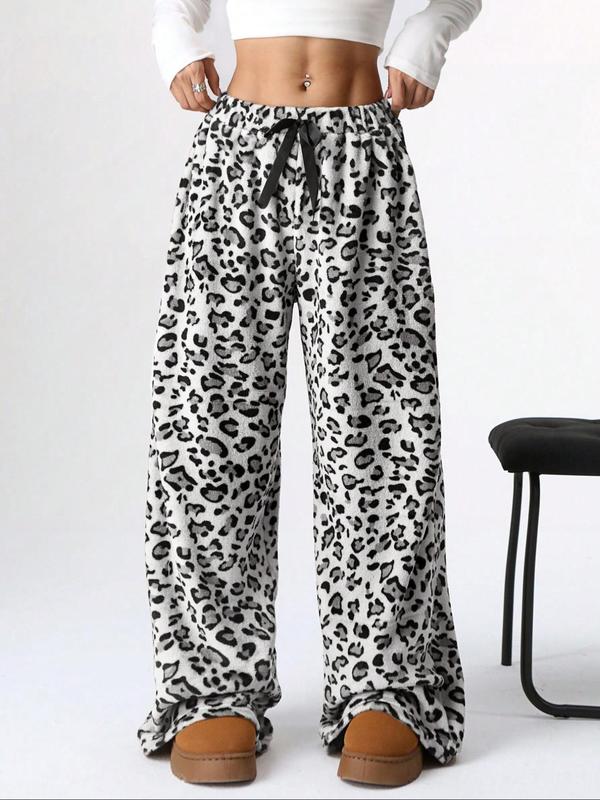 Women's Leopard Print Bow Decor Elastic Waist Wide Leg Pants, Casual Comfy Plush Trousers for Daily Wear, Ladies Bottoms for Fall & Winter