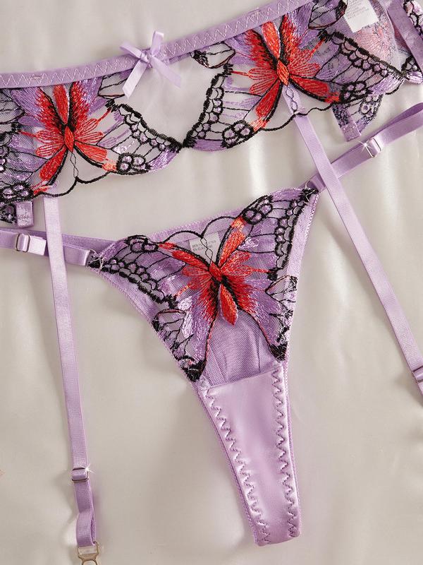 Women's Butterfly Embroidery Sheer Bra & Thong & Garter Belt Three-piece Set, Sexy Adjustable Strap Push Up Bra & Panty & Garter Belt Set, Lingerie Set for Women