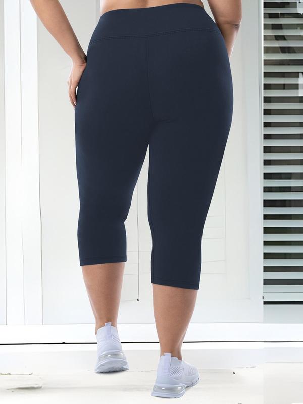 Plus Size Solid High Waist Capris Leggings, Casual Comfy Skinny Pants for Daily Outdoor Wear, Women Plus Clothing for Summer