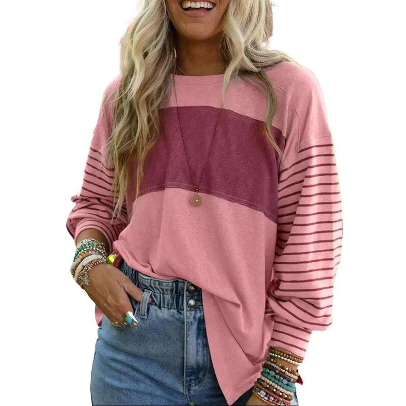 Long Sleeve Fall Tops Oversized Trendy Round Crew Neck Casual Color Block Womens Shirts Blouses Round Neck Womenswear