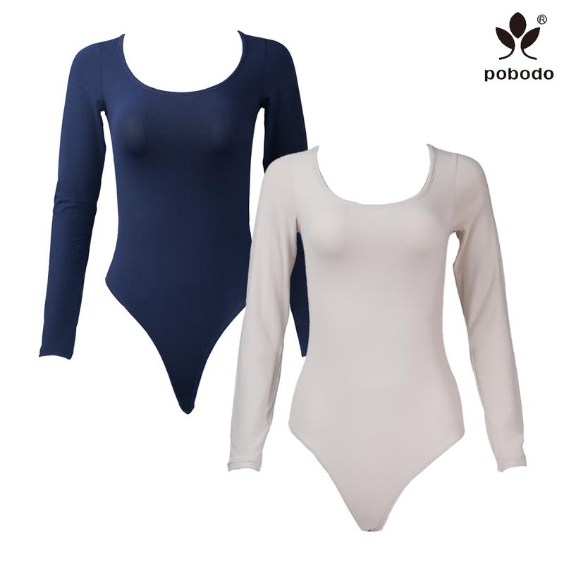 Pobodo Autumn and winter Two-piece cost-effective women's solid color square neck long sleeve shapewear bodysuit, casual and comfortable tummy control shapewear for daily wear women's shapewear