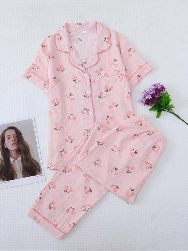 Women's Heart Print Pajama Set, Casual Short Sleeve Button Front Lapel Shirt & Pants Pj Set, Summer Wear 2024, Summer Clothes, PJs Lounge Set, Pajama Sets Women, Please Purchase One Or Two Size Up