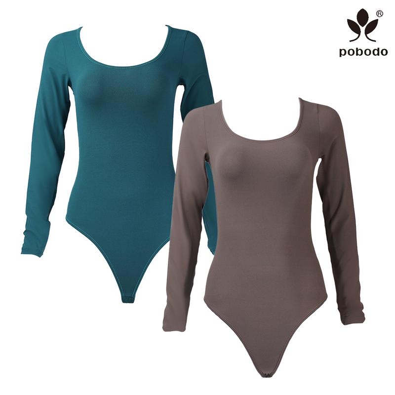 Pobodo Autumn and winter Two-piece cost-effective women's solid color square neck long sleeve shapewear bodysuit, casual and comfortable tummy control shapewear for daily wear women's shapewear