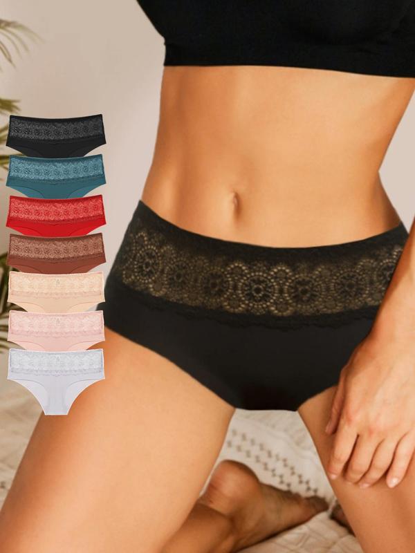 Women's 7pcs Contrast Lace Knicker, Soft Comfy Breathable Drop Waist Panty for Daily Wear, Underwear for All Seasons