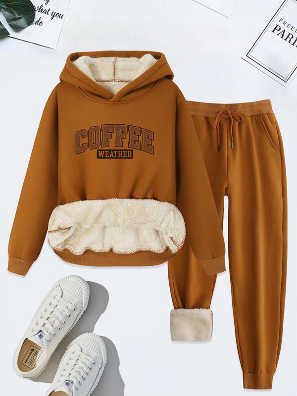 Women's Letter Print Drop Shoulder Thermal Lined Sweatshirt & Drawstring Waist Sweatpants Two-piece Set, Casual Fashion Cozy Breathable Two Piece Outfits for Daily Wear, Ladies Fall & Winter Clothes