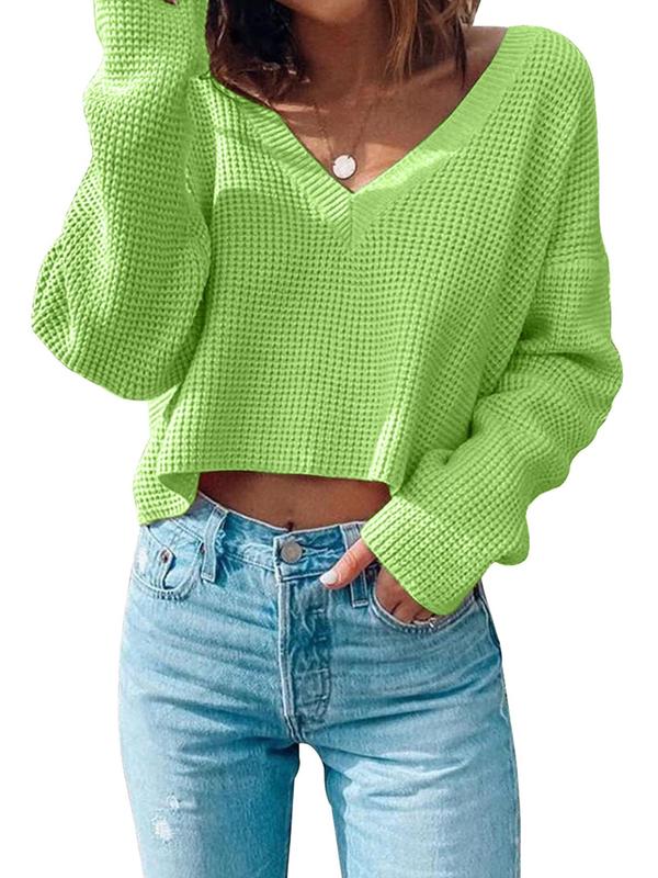 Women's Textured Drop Shoulder Crop Sweater, Trendy Comfy Casual Long Sleeve Deep V Neck Jumper for Fall, Fall Sweaters for Women, Women's 2024 New Autumn Knitwear Top for Daily Wear, Downtown Girl Clothes