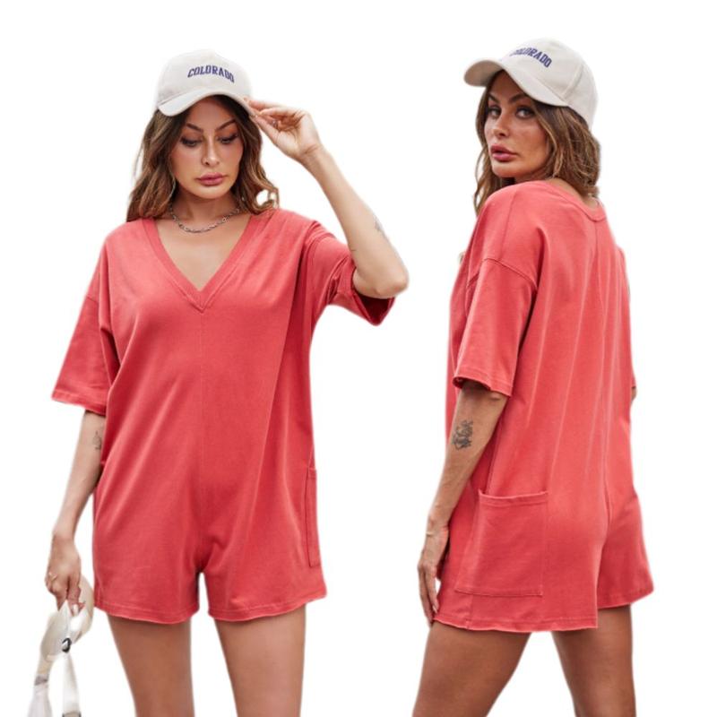 Saodimallsu Comfort Tee Rompers for Women 2024 Summer Lady Athletic Oversize Romper Short Sleeve Jumpsuit can be Worn on Both Sides Onesie with Pockets Casual Womenswear Overalls