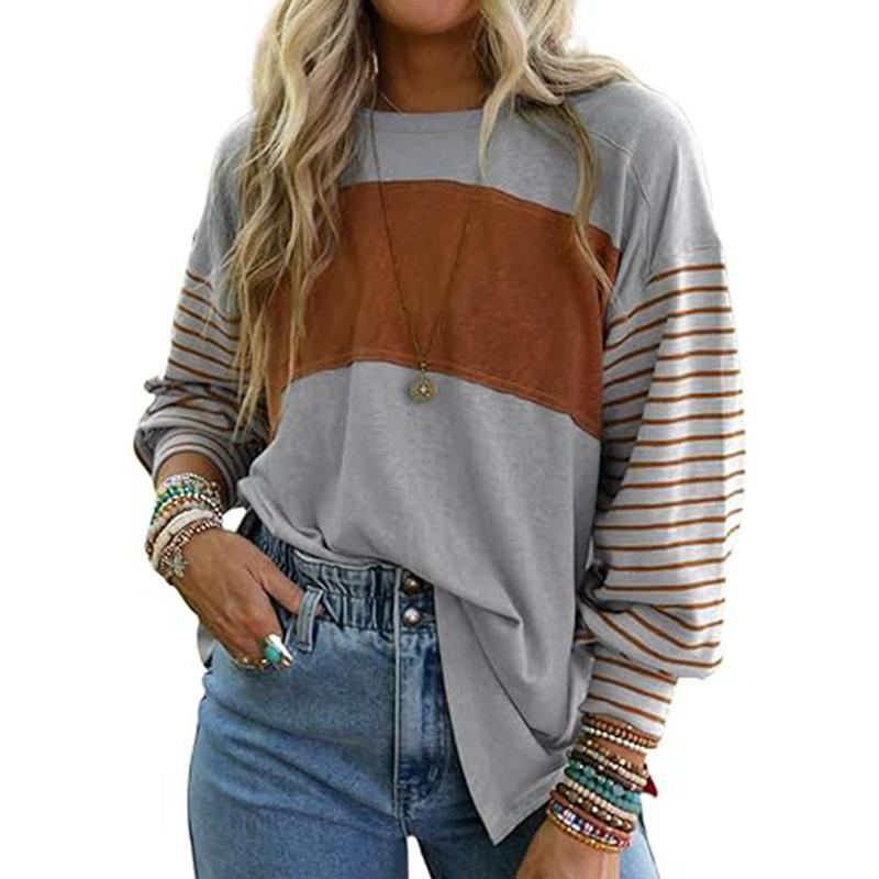 Long Sleeve Fall Tops Oversized Trendy Round Crew Neck Casual Color Block Womens Shirts Blouses Round Neck Womenswear