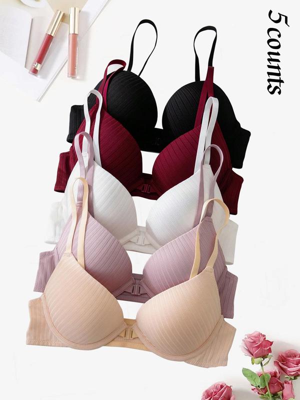 Women's Solid Wireless Front Button Push Up Bra, Adjustable Strap Lingerie Top, Soft Comfortable Breathable Lingerie for Daily Wear