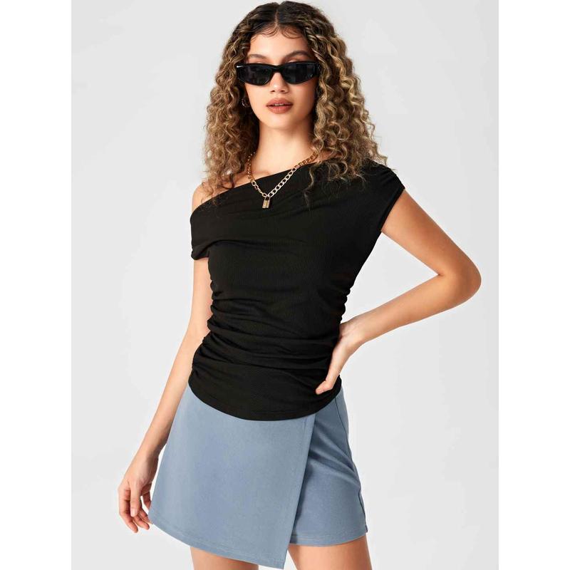 Cider [4 colors, size 0-26] Asymmetrical Neck Ruched Crop Top